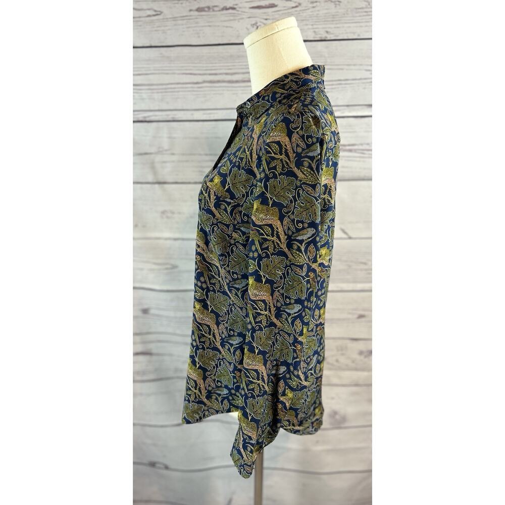 J.Crew Silk Blouse Womens 2 Blue Botanical Cheetah Print Button Front - Picture 3 of 8